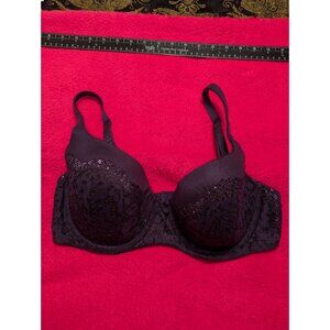 Victoria’s Secret 38D Lined Demi Bra Black Purple Lace Underwire Floral Style
